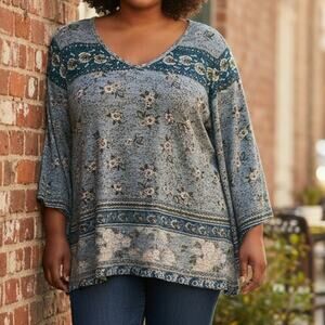 Avenue Floral V-Neck Pullover Womens Size 26/28 Blue Teal Mixed Print Soft